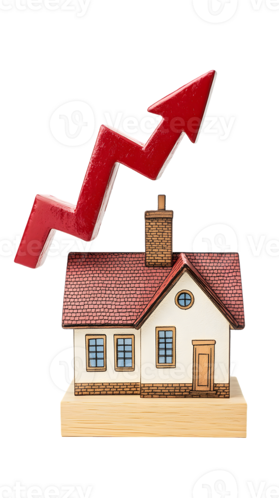 A house model with an upward arrow symbolizing growth in real estate or property value. png