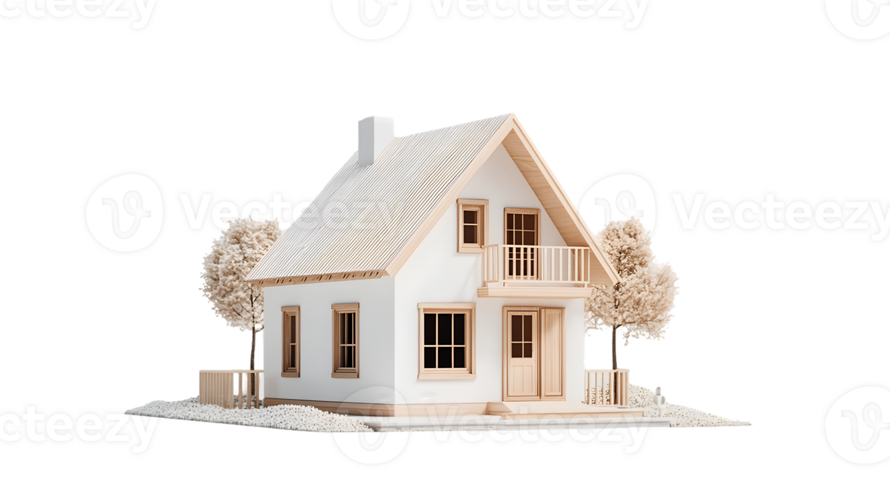 A stylized model of a house with trees, showcasing architectural design and aesthetics. png