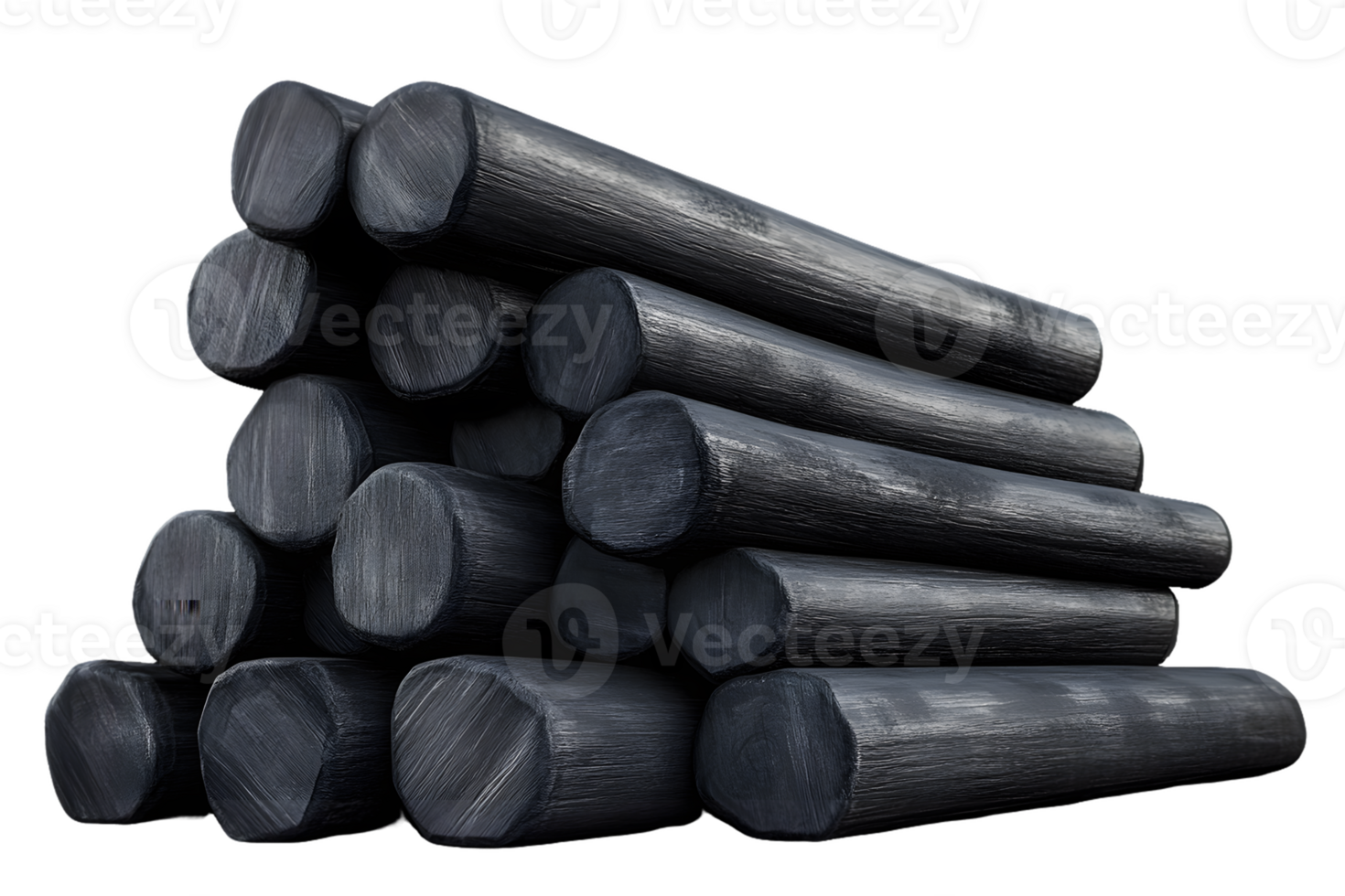 A stack of charcoal logs arranged for storage or use in various applications. png