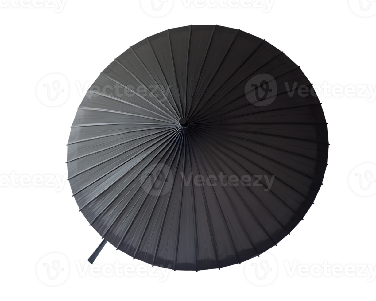 A top view of a round, black umbrella showcasing its pleated design and central pole. png