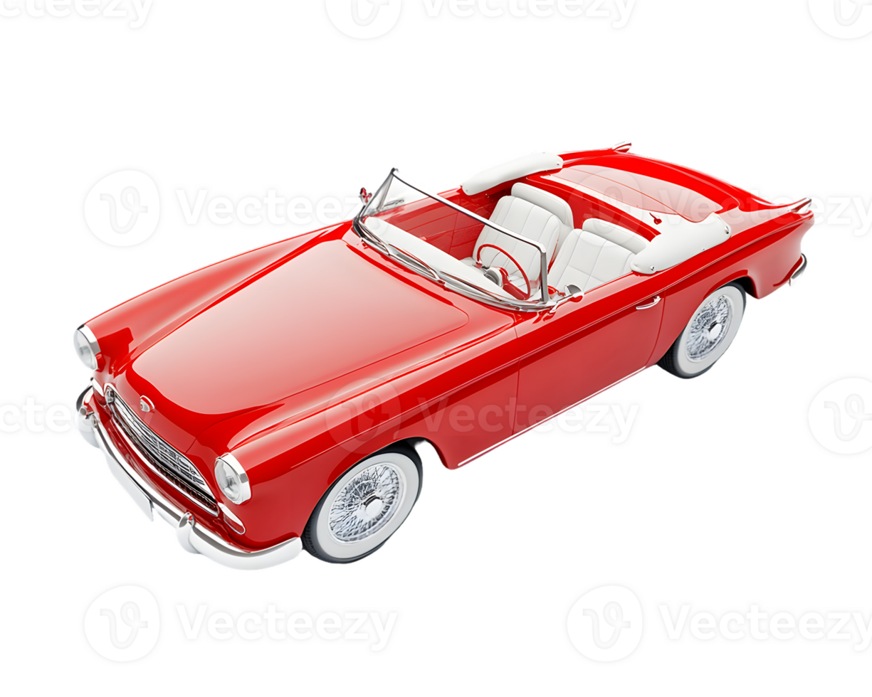 A vibrant red convertible car with a white interior, showcasing a classic design. png