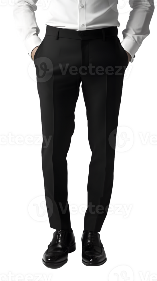A well-dressed individual in black trousers and shoes, exuding a formal style. png