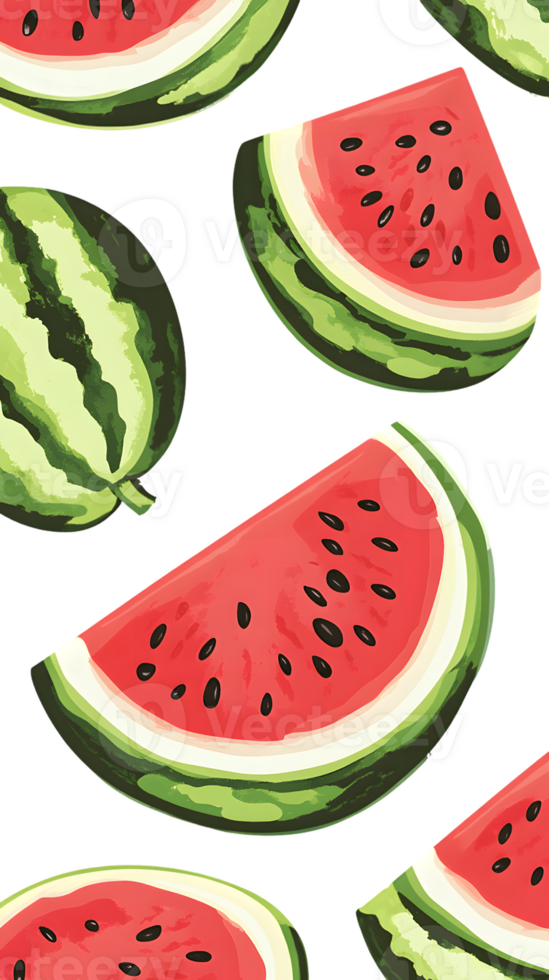 A vibrant illustration of watermelons, including whole and sliced pieces on a dark background. png