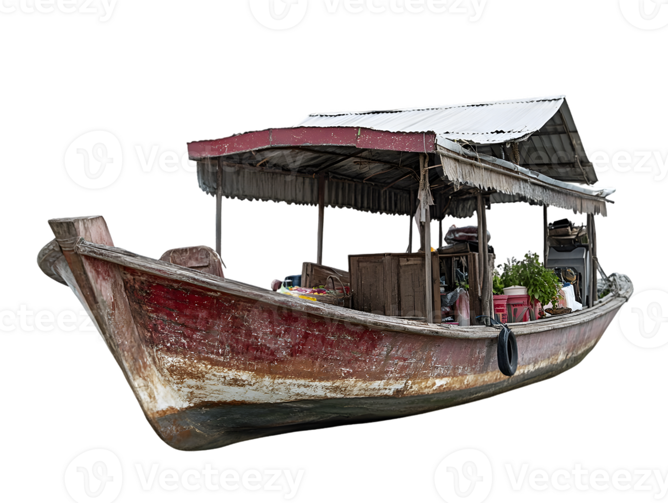 A weathered boat used for transporting goods and possibly fishing activities. png