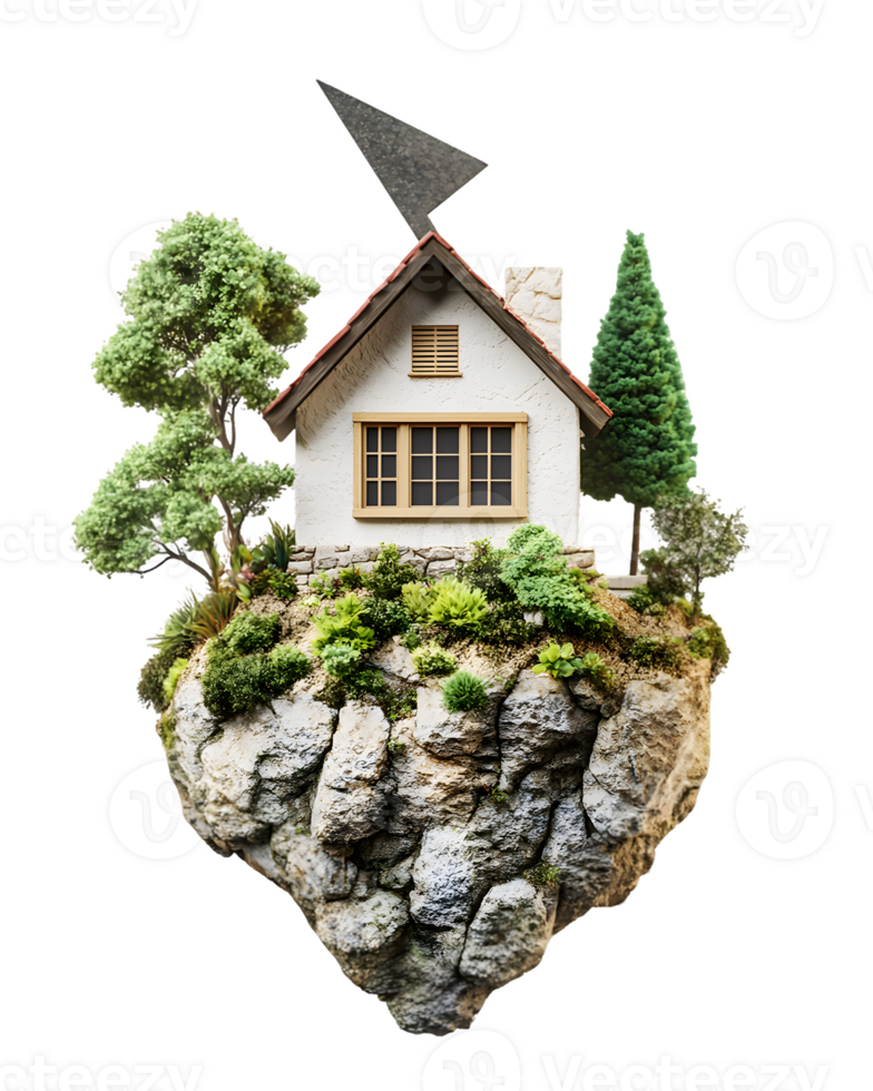 A whimsical house on a floating rock, surrounded by lush greenery. png