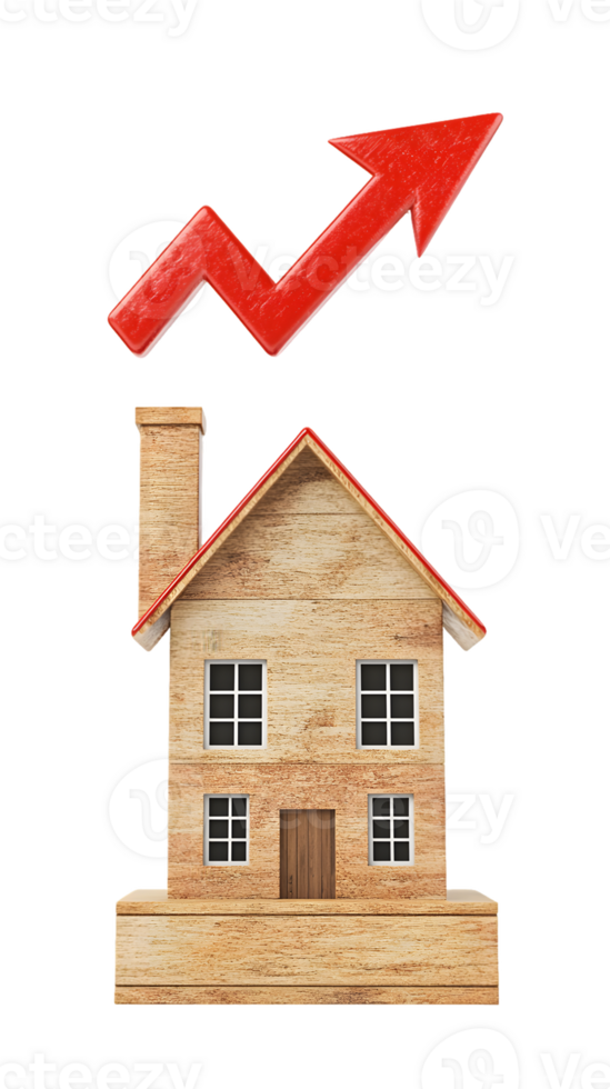 An illustration of a house with an upward trend arrow, symbolizing real estate growth. png