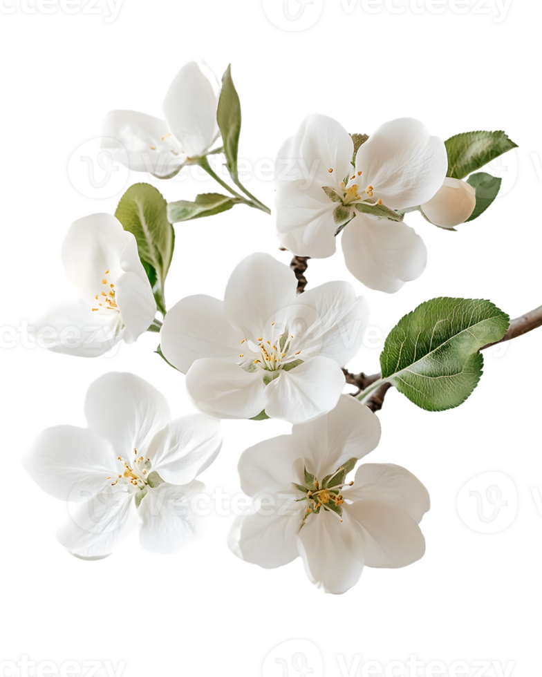 Apple Blossom Branch with Five Flowers and Leaves png