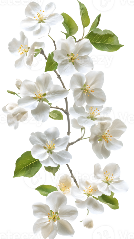 Branch of White Apple Blossoms with Green Leaves png