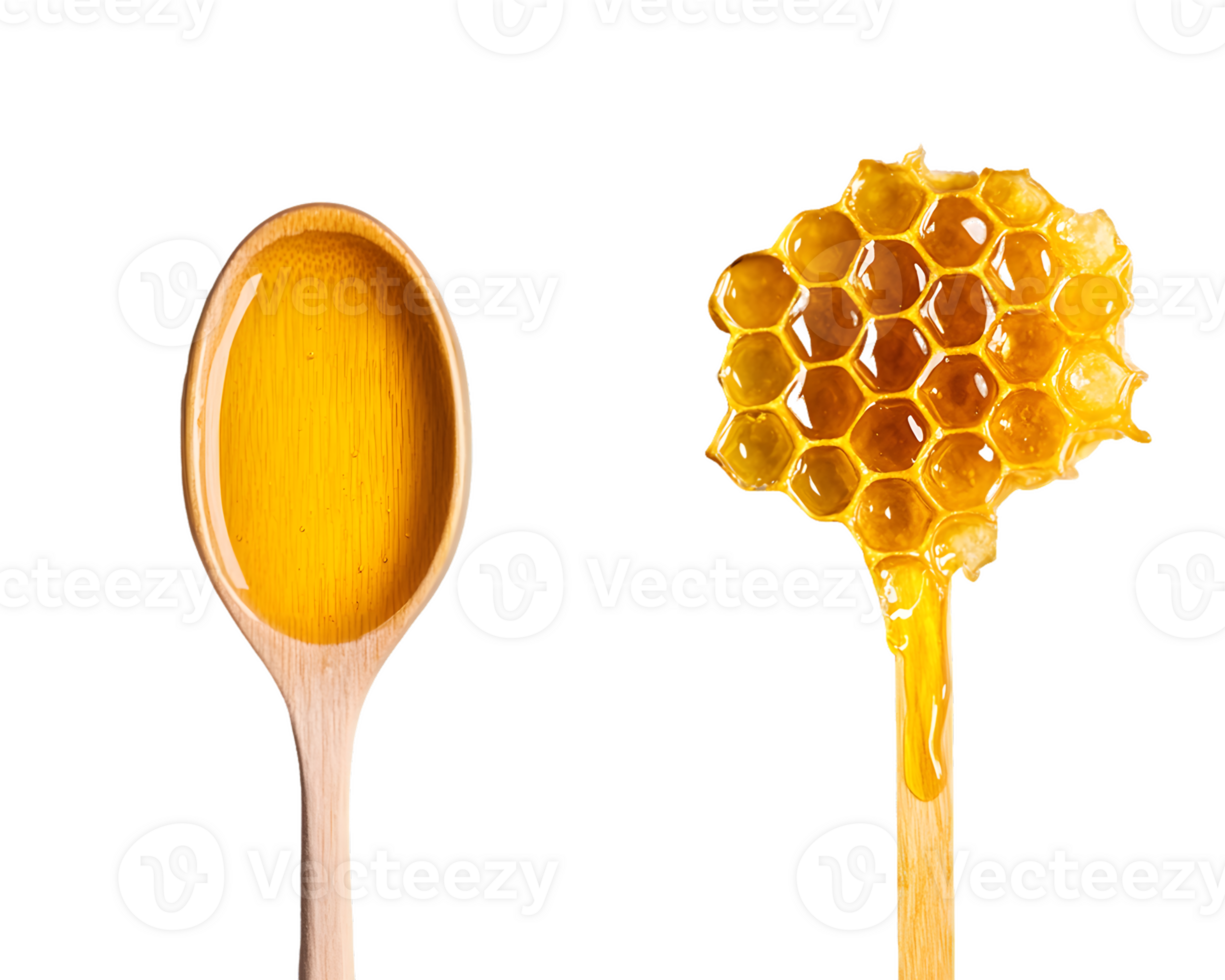 Honey in Wooden Spoons Liquid Honey and Honeycomb png