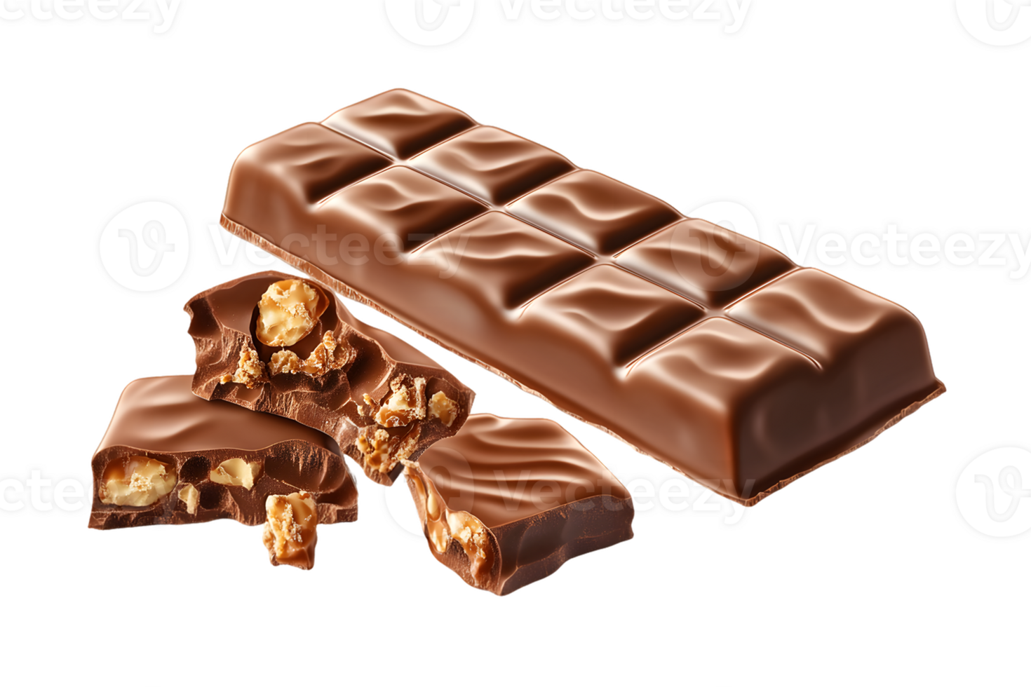 Milk Chocolate Bar with Nuts Whole and Broken Pieces png