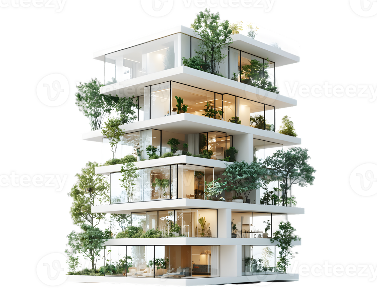 Architectural Rendering of Multi-Story Building with Integrated Greenery png