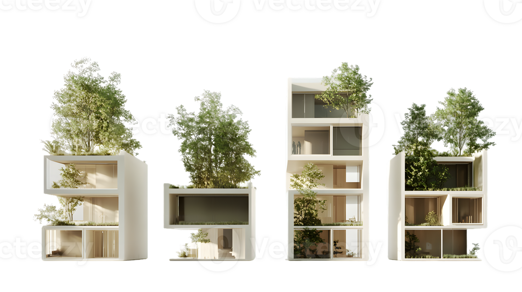 Architectural Rendering Four Multi-Story Buildings with Rooftop Greenery png