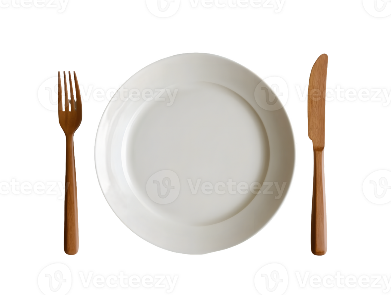 White Dinner Plate with Wooden Fork and Knife png