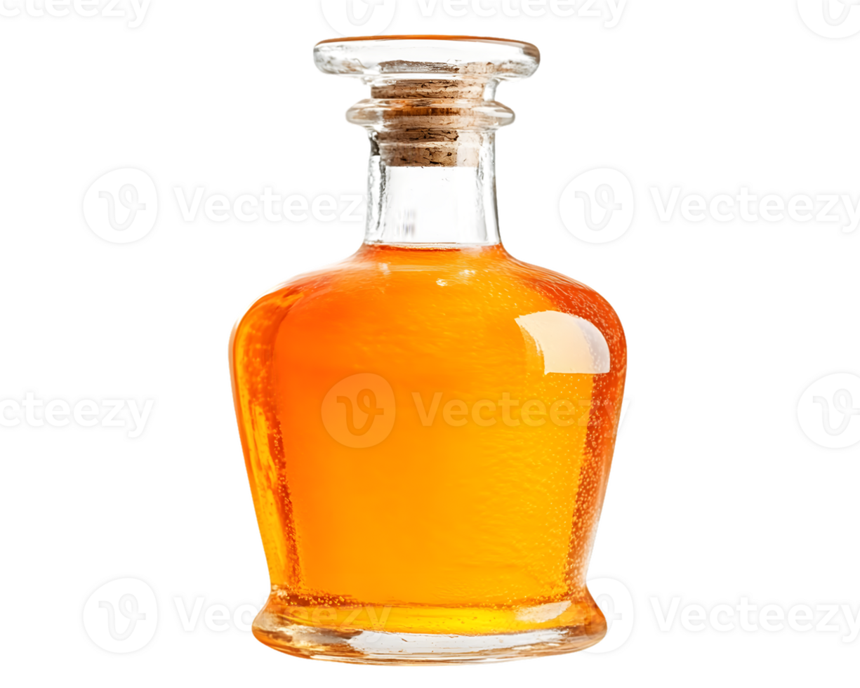 Amber Liquid in Glass Decanter with Cork Stopper png