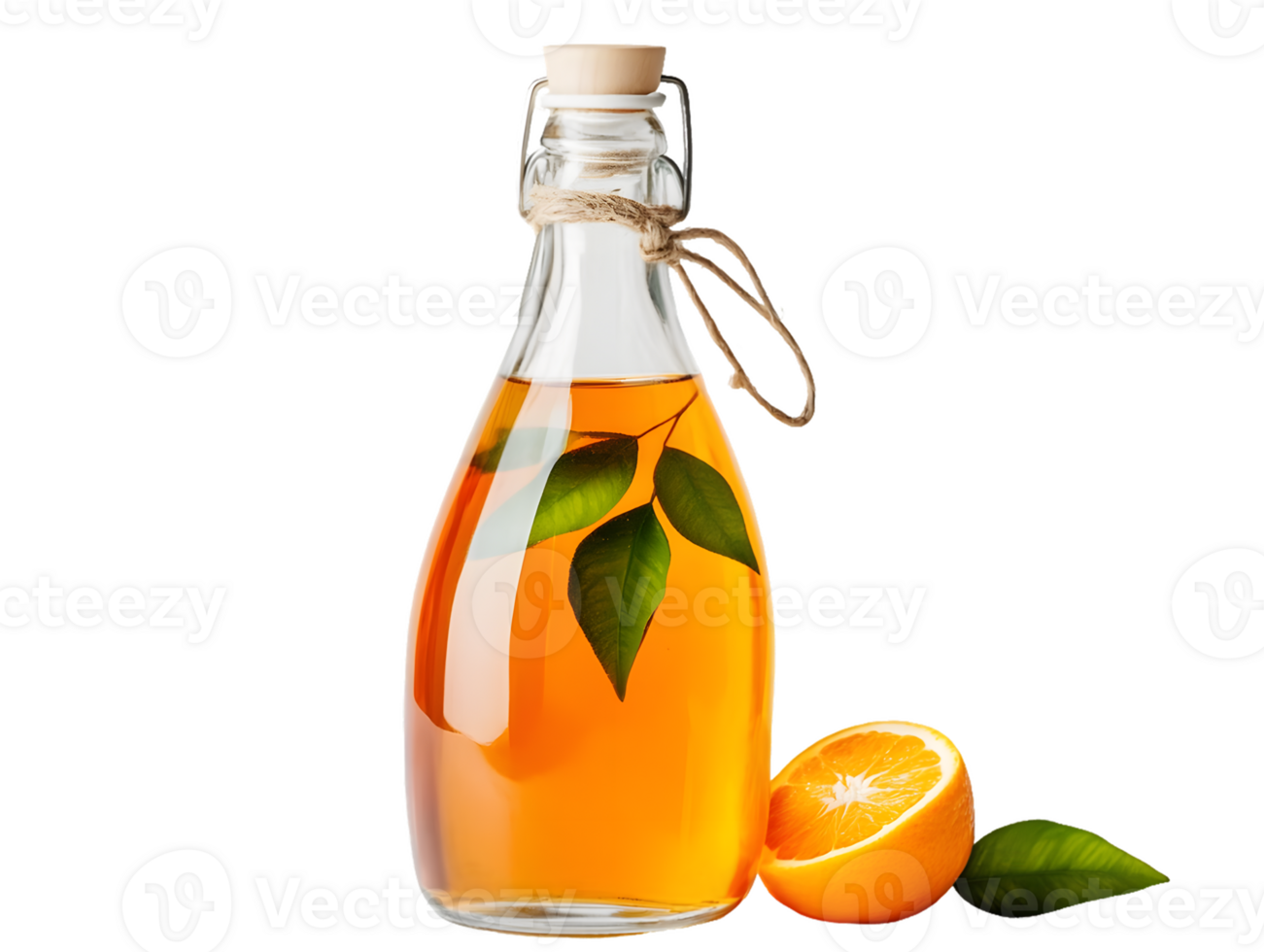 Orange Liquid in Glass Bottle with Orange Half and Leaves png