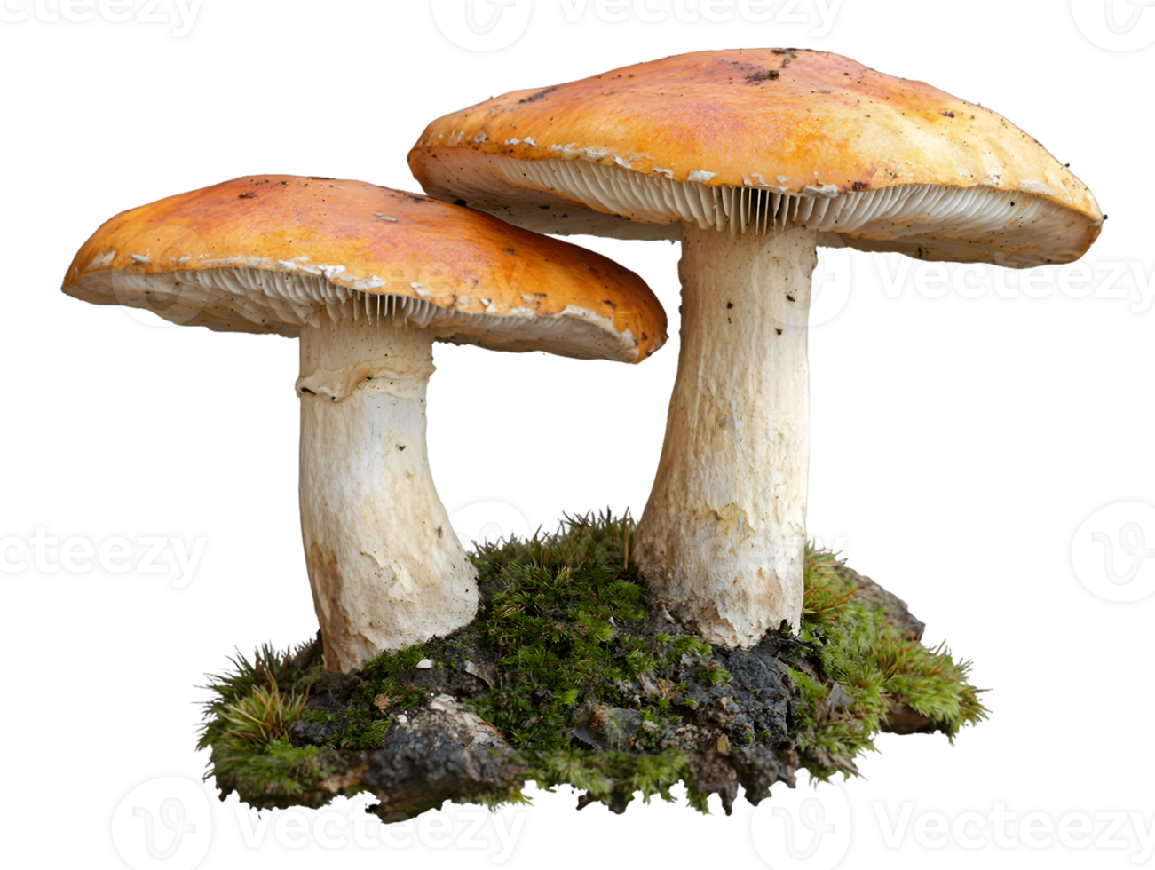 Two Orange-Capped Mushrooms on Mossy Ground png