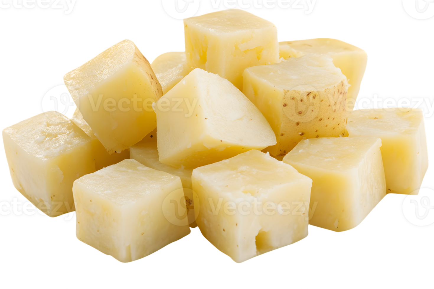 A pile of cubed cheese pieces, showcasing a variety of textures and colors. png