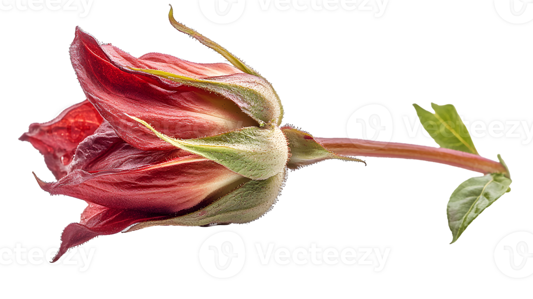 Partially Opened Red Rosebud with Stem and Leaves png