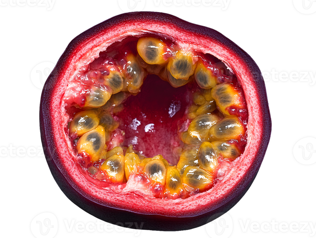 Cross-Section of Passion Fruit Showing Seeds and Pulp png
