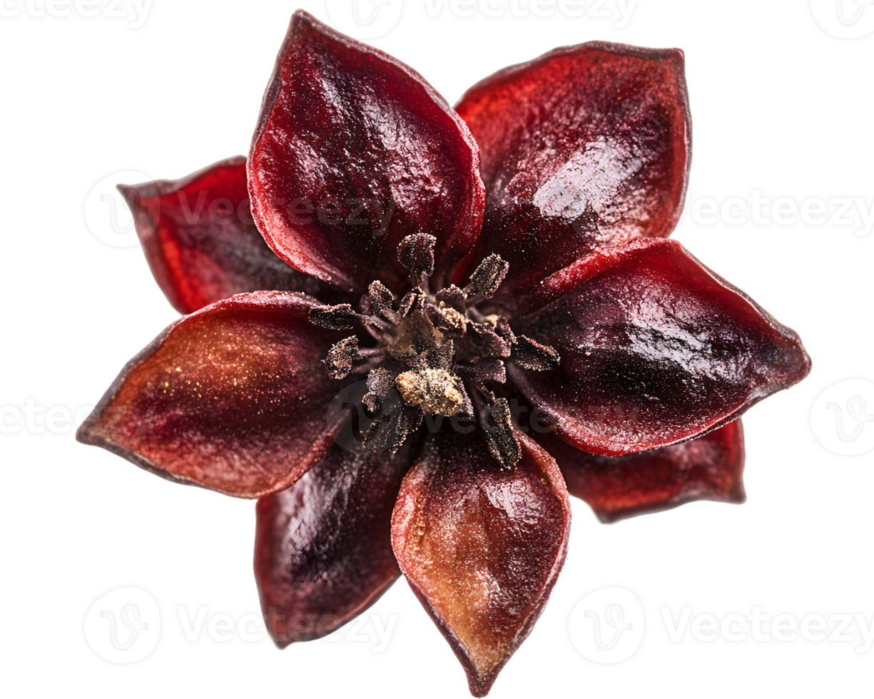 A close-up of a star anise pod, showcasing its star-shaped structure and rich, dark color. png