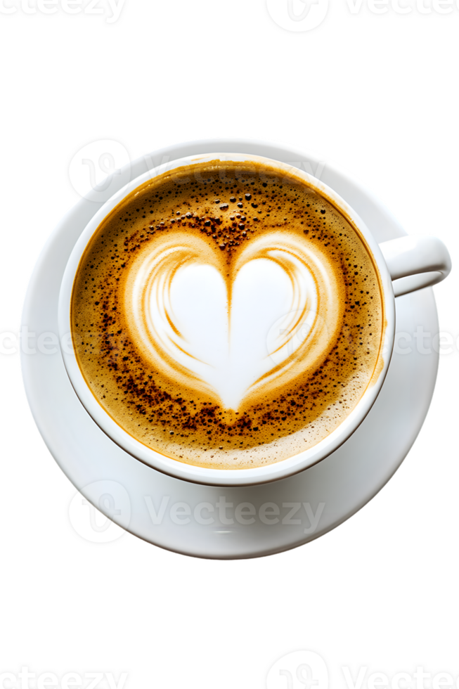 Cappuccino with Heart-Shaped Latte Art in White Cup and Saucer png