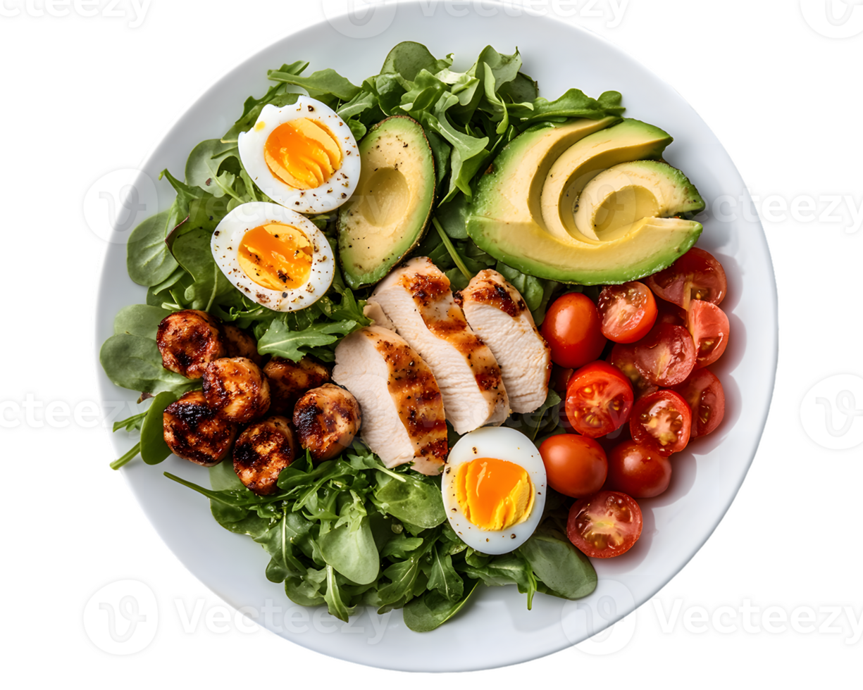 Chicken, Avocado, and Egg Salad with Cherry Tomatoes and Scallops png