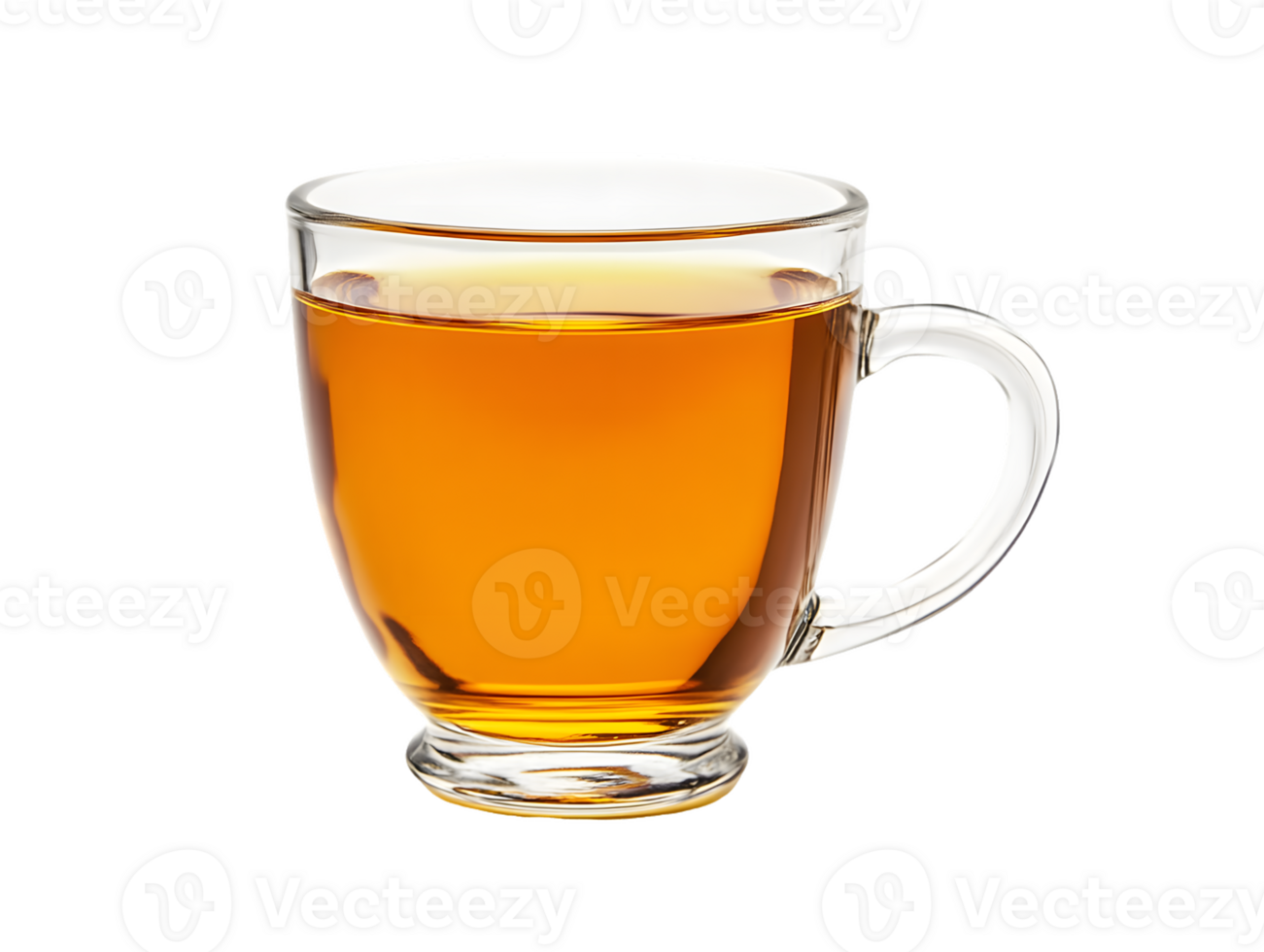 A clear glass cup filled with amber-colored tea, showcasing its warm hue and inviting appearance. png