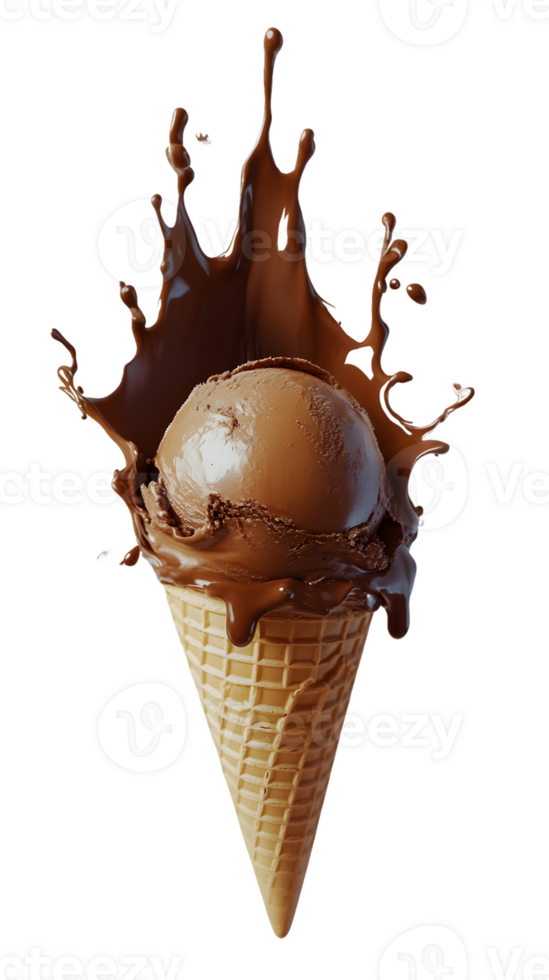 Ice Cream Scoop in Waffle Cone with Chocolate Splash png