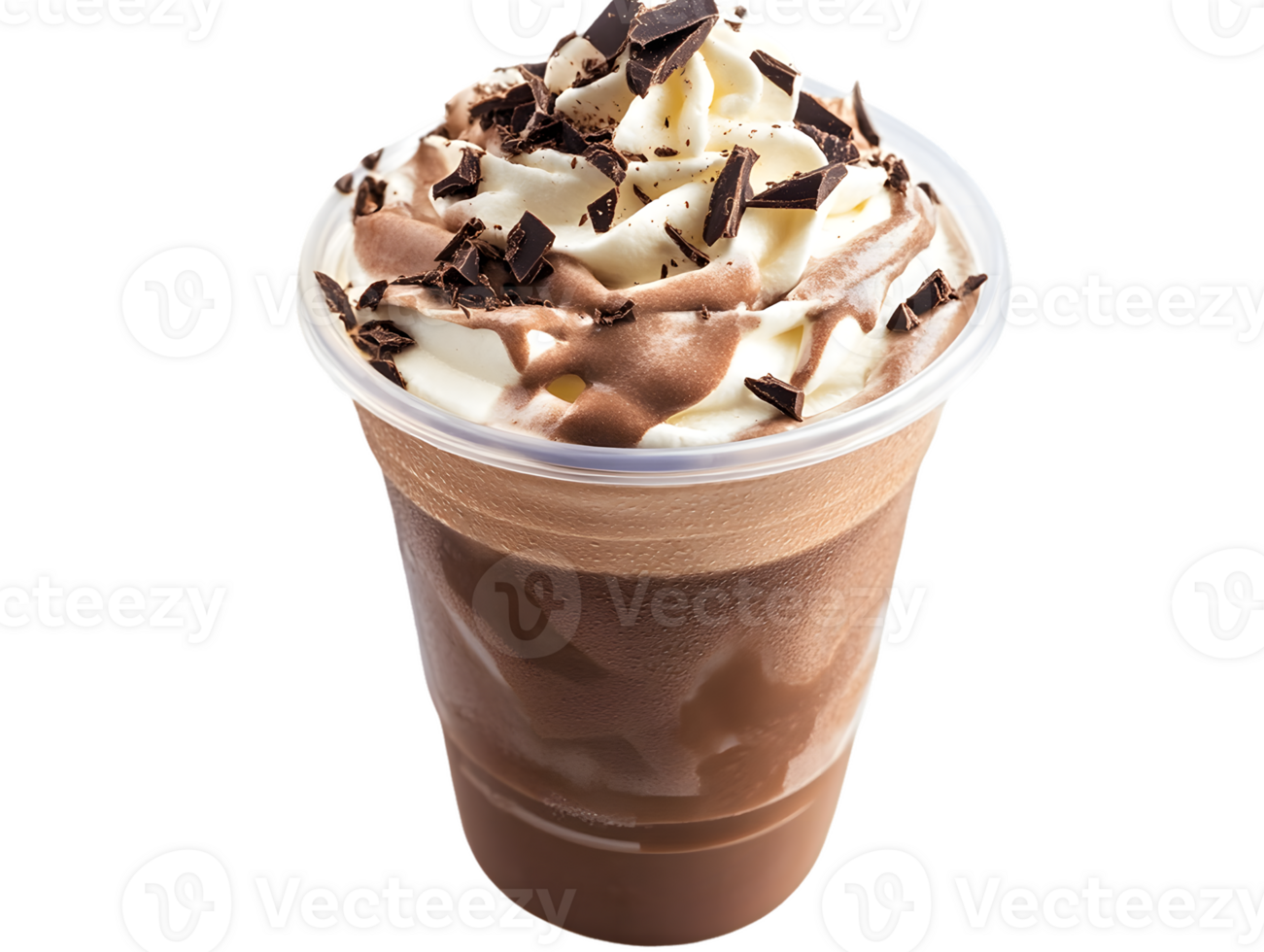 Chocolate Beverage with Whipped Cream and Chocolate Shavings in Plastic Cup png