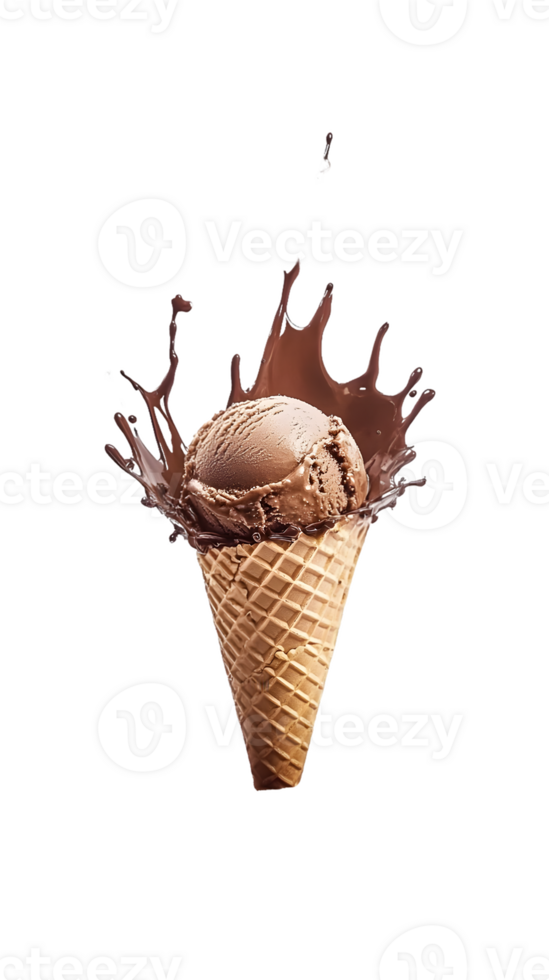 Chocolate Ice Cream Scoop in Waffle Cone with Chocolate Splash png