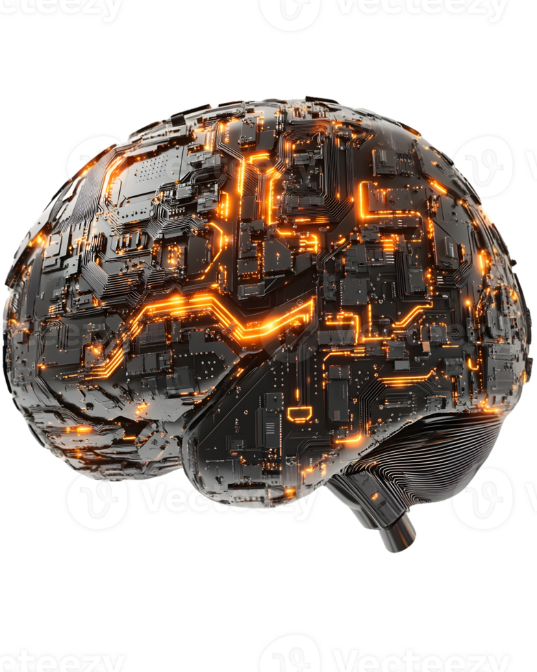 Circuit Board Brain Model with Illuminated Pathways png