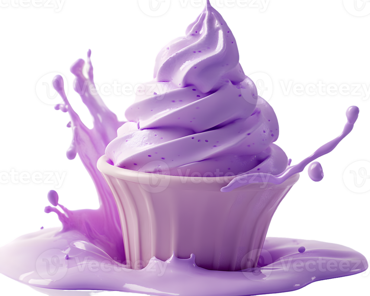 Digital Rendering of Purple Soft-Serve Ice Cream in Cup with Splash png