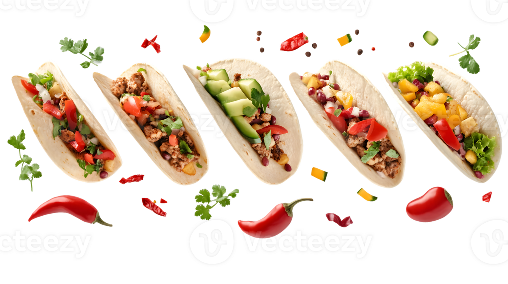 Five Assorted Tacos with Fillings and Garnishes png
