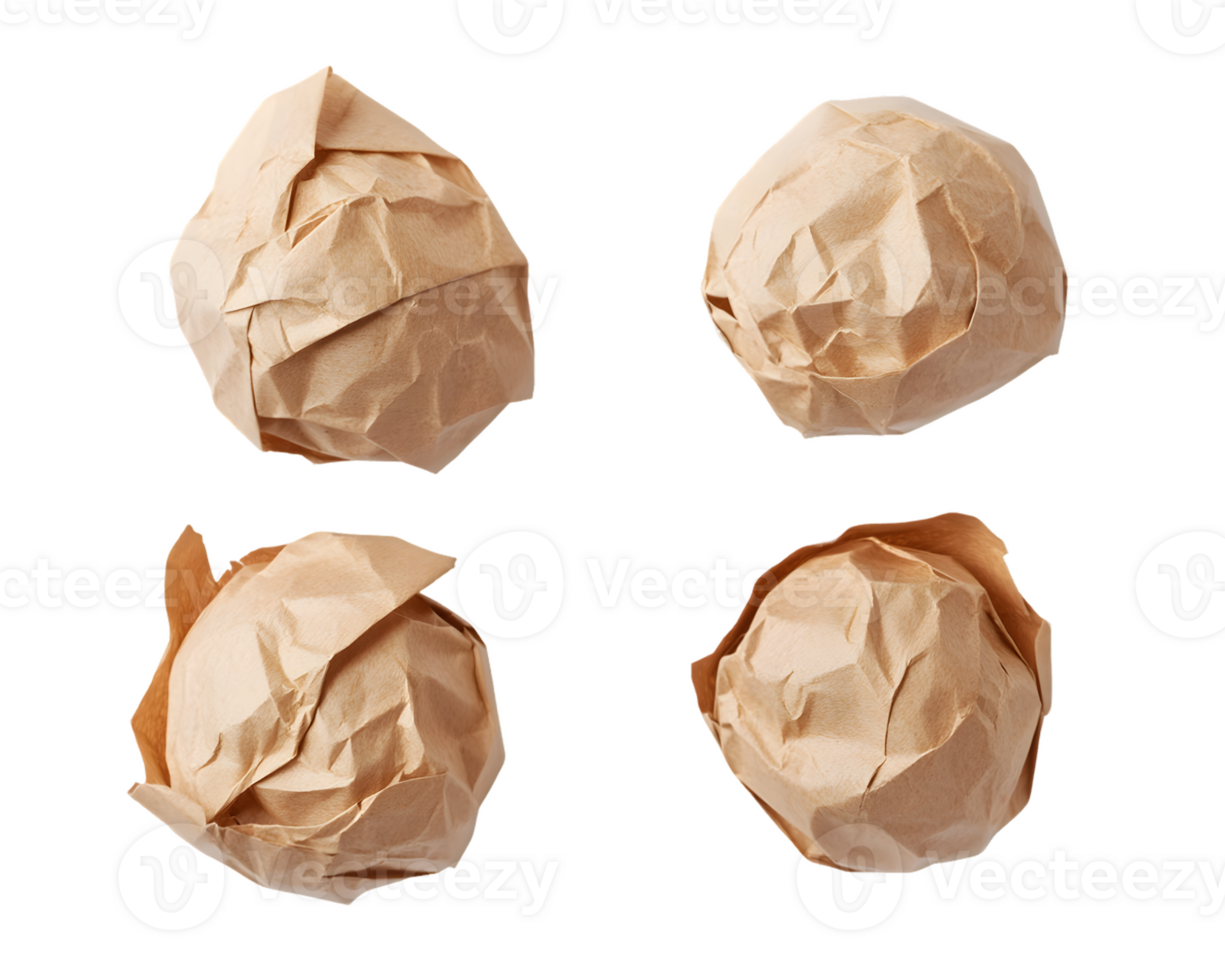 Four crumpled paper balls arranged in a grid, showcasing texture and form. png