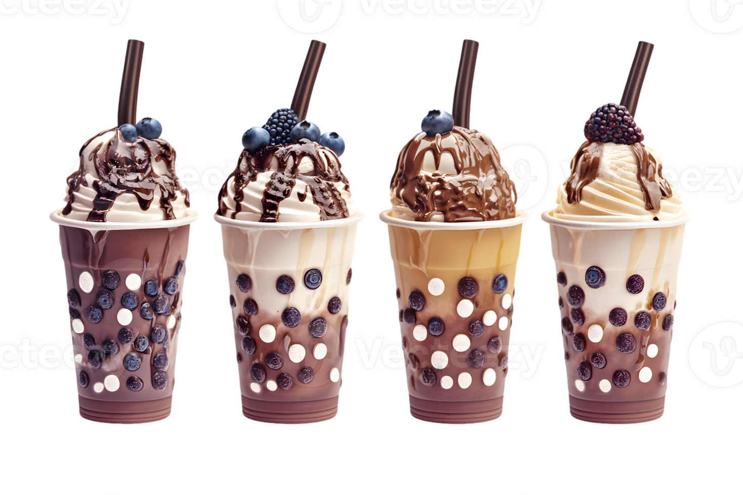 Four Iced Blended Beverages with Chocolate Topping and Berries png