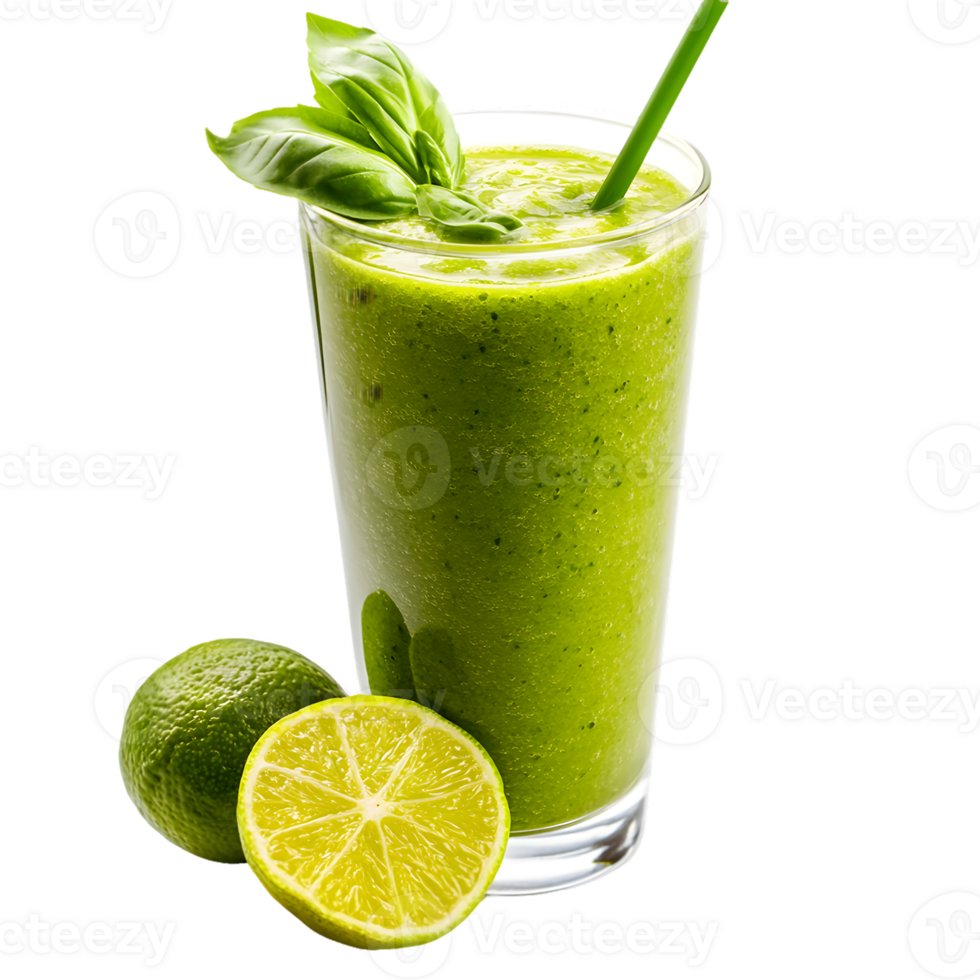 A Green Smoothie with Lime and Basil Garnish png