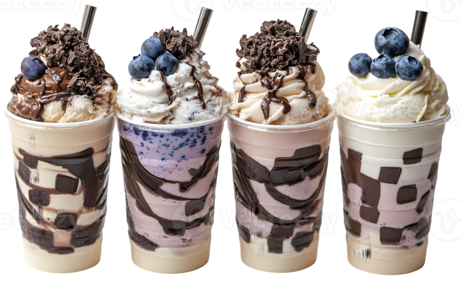 Four Ice Cream Drinks with Chocolate and Blueberry Toppings png