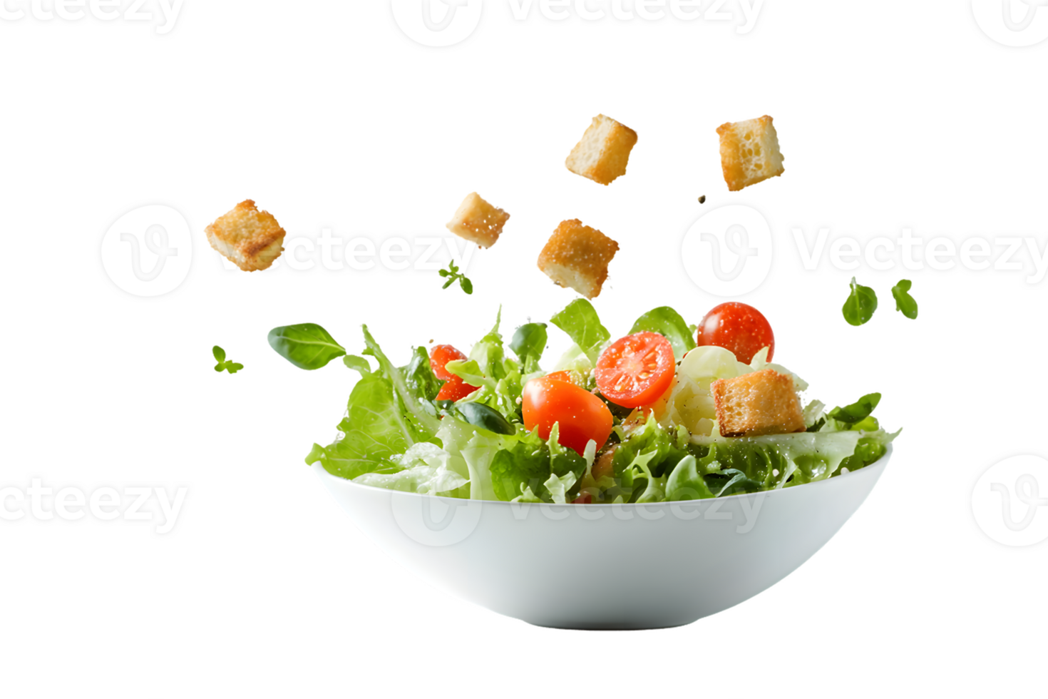 Green Salad with Cherry Tomatoes and Croutons in White Bowl png