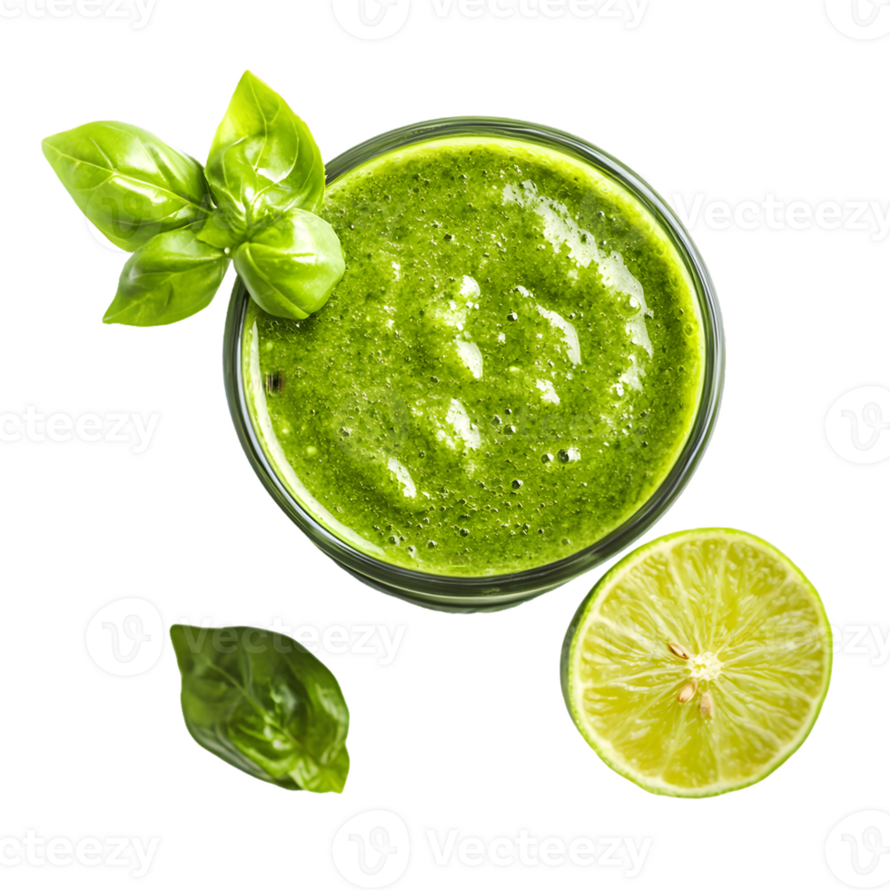 Overhead View of Green Smoothie with Basil and Lime png