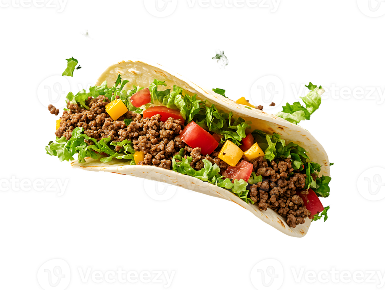 Ground Beef Taco with Lettuce, Tomato, and Yellow Pepper png