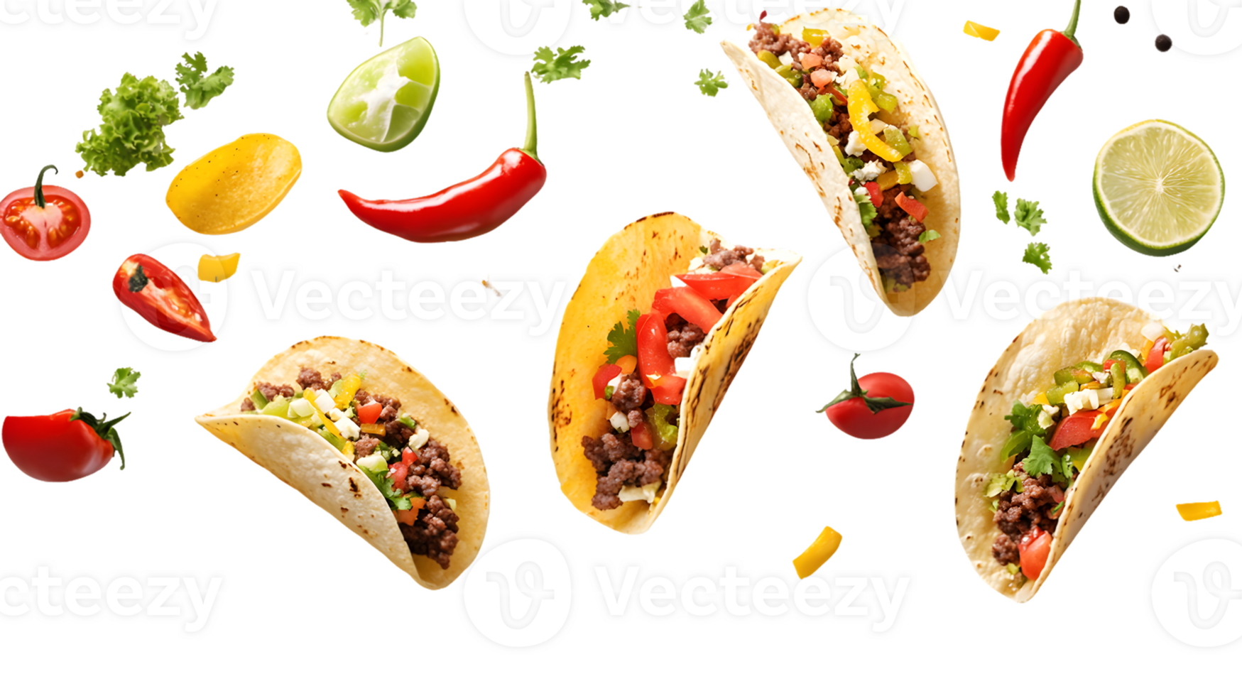 Ground Beef Tacos with Vegetables in Freefall png