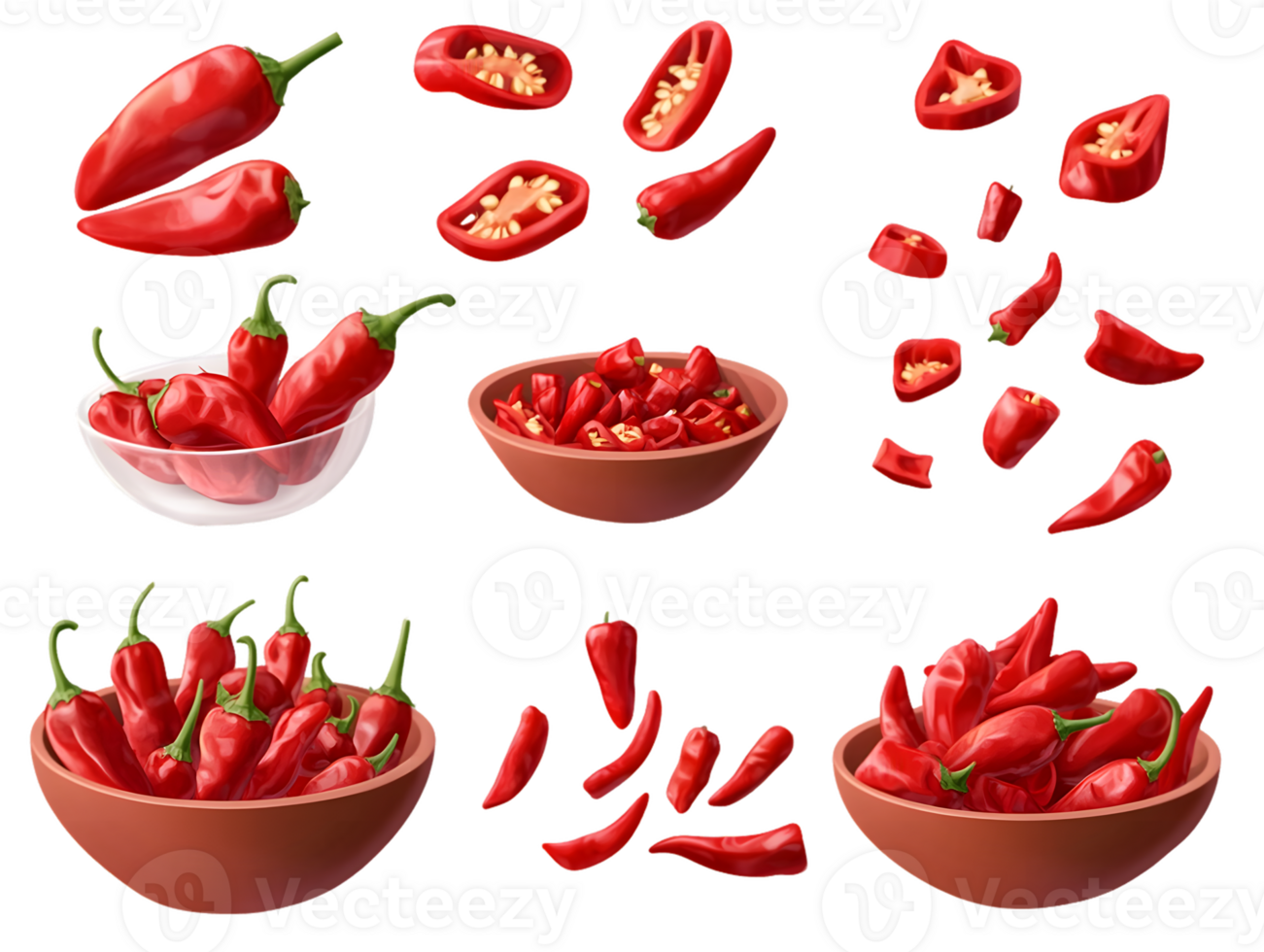 Collection of Red Chili Peppers Whole, Sliced, and in Bowls png