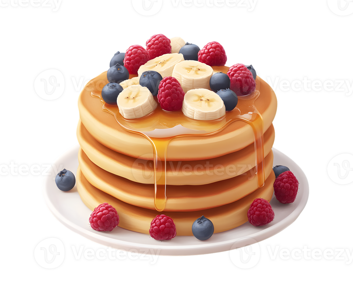 Pancake Stack with Banana, Blueberry, and Raspberry Toppings png