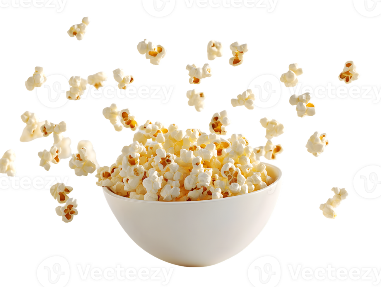 Popcorn in White Bowl with Airborne Kernels png