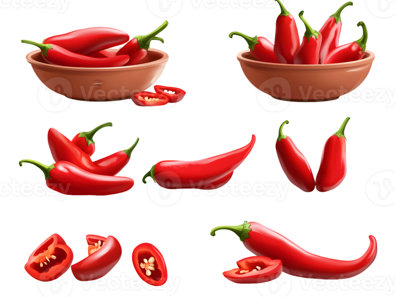 Red Chili Peppers Whole, Halved, and in Bowls png