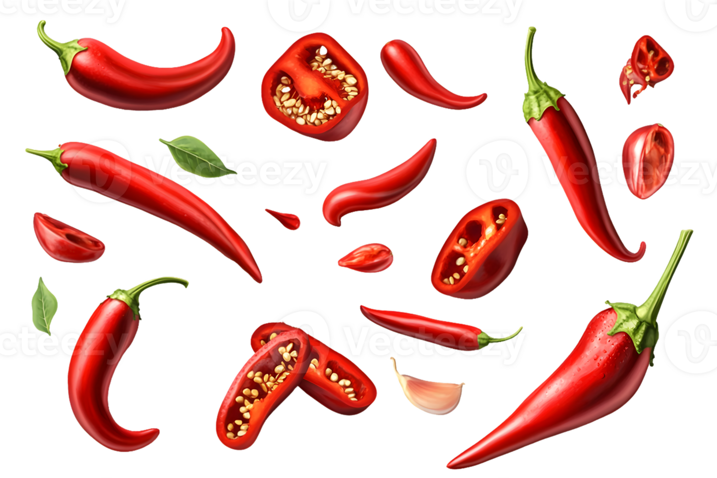 Red Chili Peppers and Garlic Cloves Whole and Sliced png