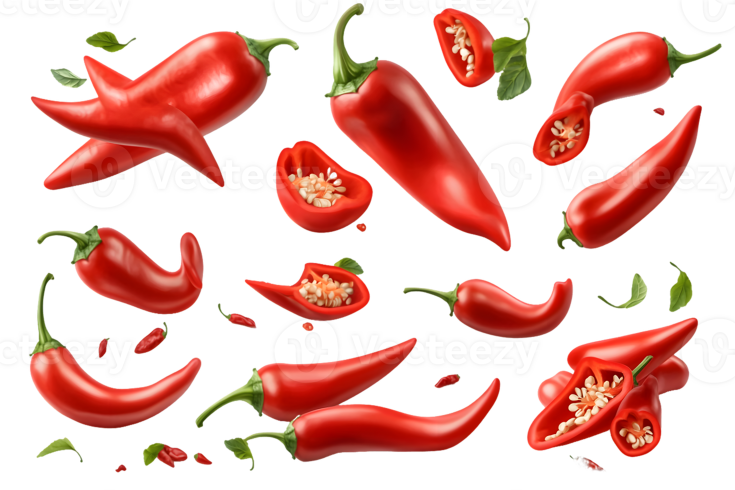Collection of Red Chili Peppers and Halves png