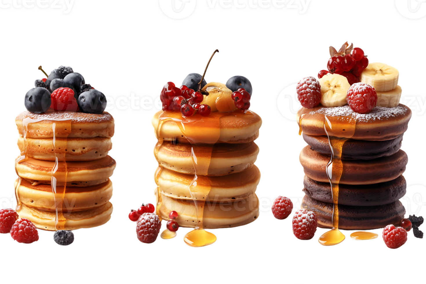 Three Stacks of Pancakes with Various Berries and Fruit Toppings png