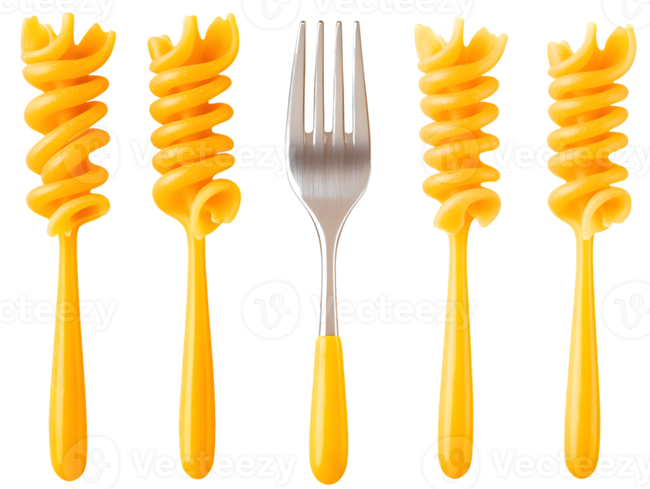 Silver Fork and Four Strands of Rotini Pasta on Yellow Handles png