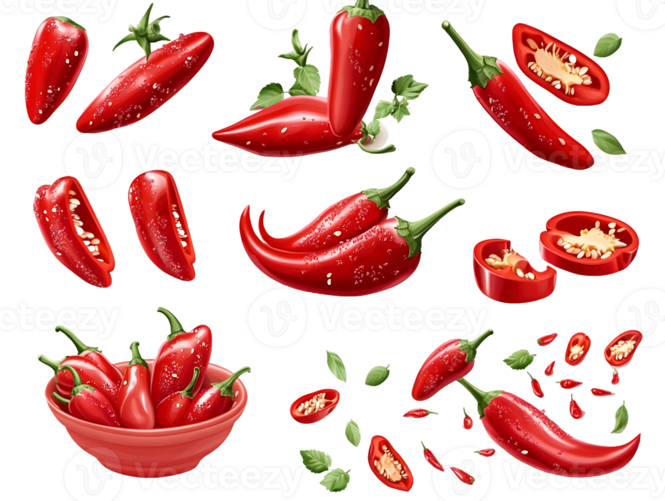 Red Chili Peppers Whole, Sliced, and in a Bowl png